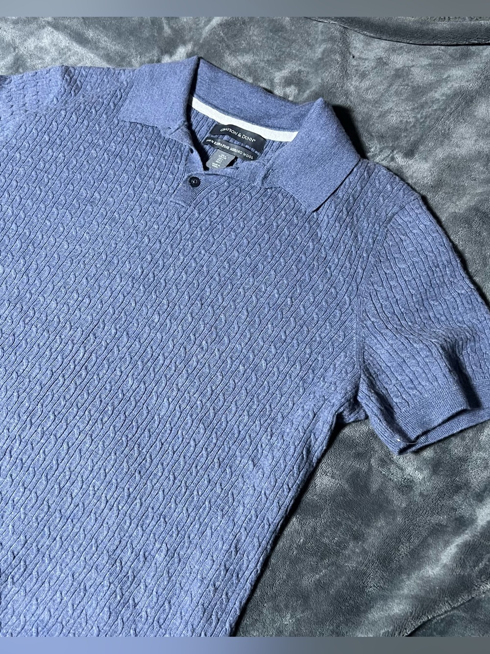 Grayson & Dunn Extrafine Merino Wool Blue Smart Casual Cable Knit Men’s Polo L
